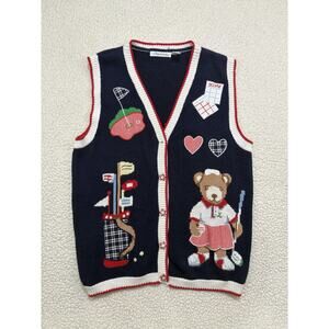 Vintage Teddy Bear Novelty Knit Golf Sweater Vest Women L Hearts Button Cardigan